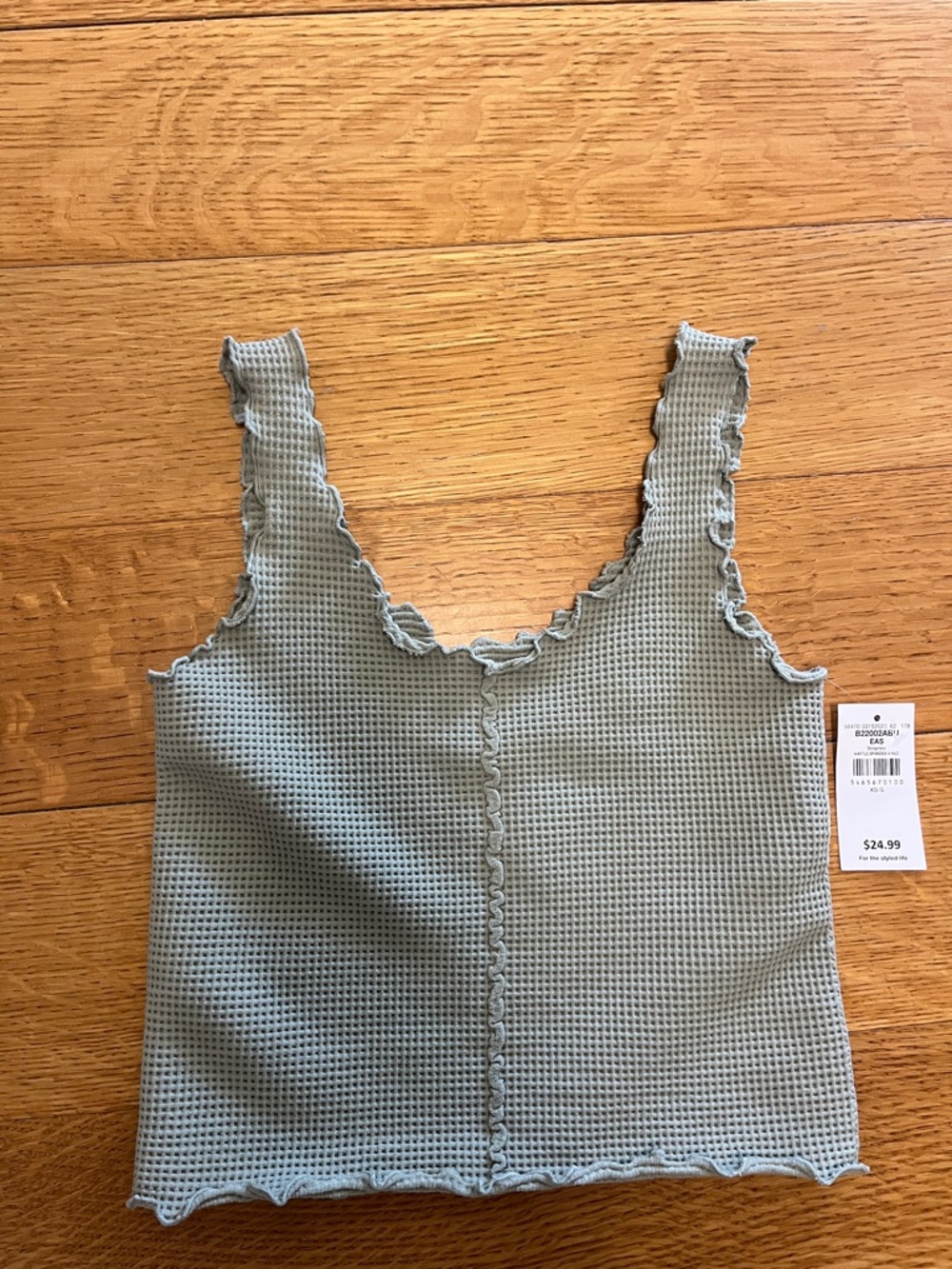 Waffle Knit Ruffled Tank Top in Sage Green buckle bke xs/s